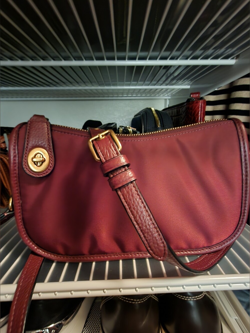 Coach Burgandy Mini Leather Trim And Nylon Bag